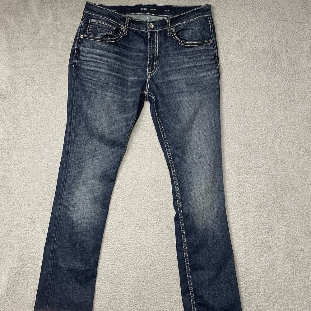 BKE Jake Straight Leg Jeans Men 36x36 Blue Dark Wash Stitch Distressed